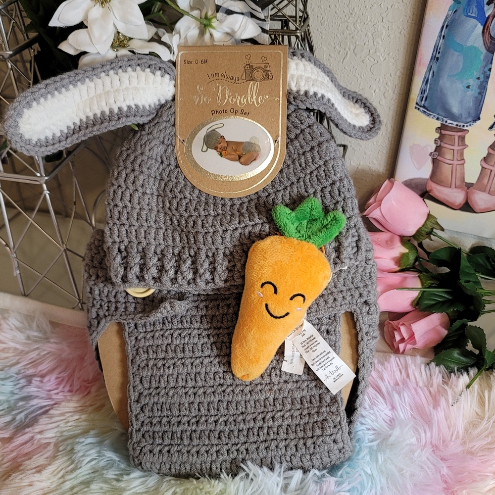 So Adorable Baby Photo Op Set Crochet Costume Bunny 0-6 Mo. - Picture 1 of 12